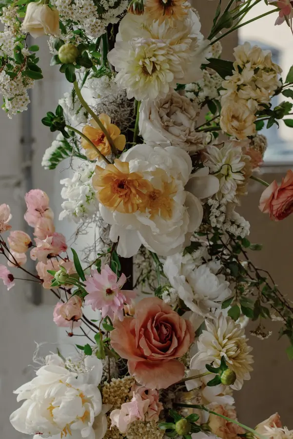 Jessie & Anthony wedding florals at Propellor Coffee by Mythology Floral Art, Toronto, photograph by Inna Yasinska