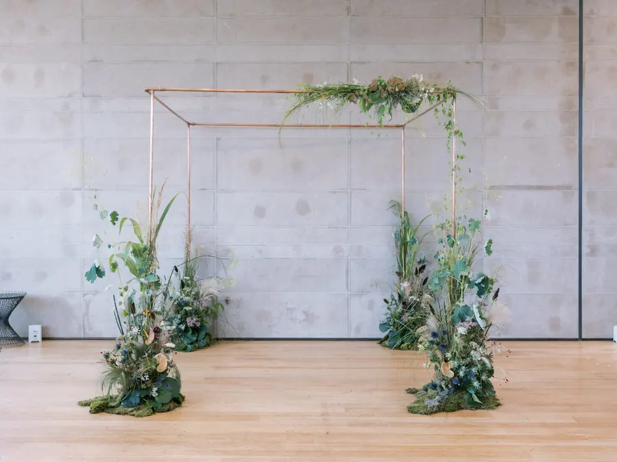 Michael & Sam wedding florals at Clay at The Gardiner Museum by Mythology Floral Art, Toronto, photograph by Robin Sassi