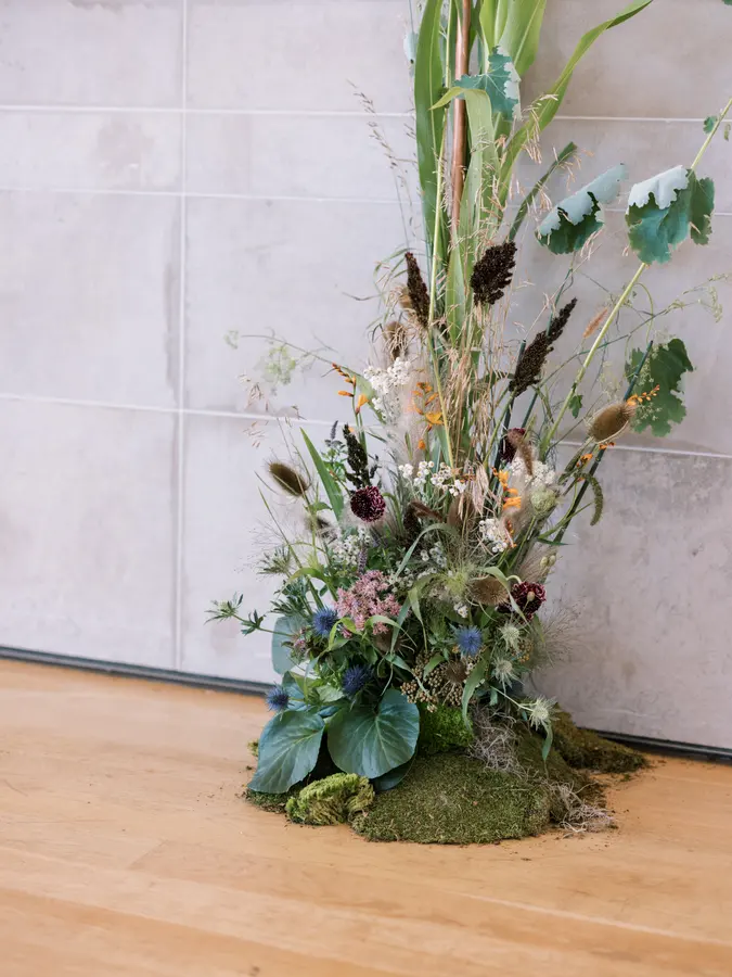 Michael & Sam wedding florals at Clay at The Gardiner Museum by Mythology Floral Art, Toronto, photograph by Robin Sassi
