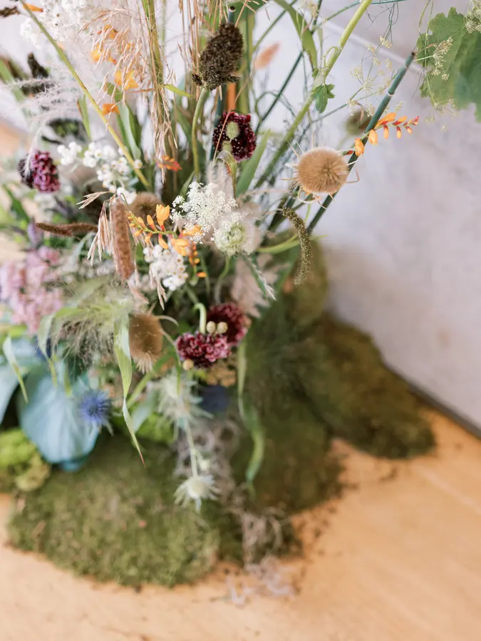 Michael & Sam wedding florals at Clay at The Gardiner Museum by Mythology Floral Art, Toronto, photograph by Robin Sassi
