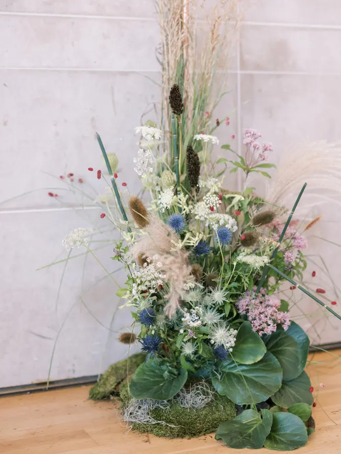 Michael & Sam wedding florals at Clay at The Gardiner Museum by Mythology Floral Art, Toronto, photograph by Robin Sassi