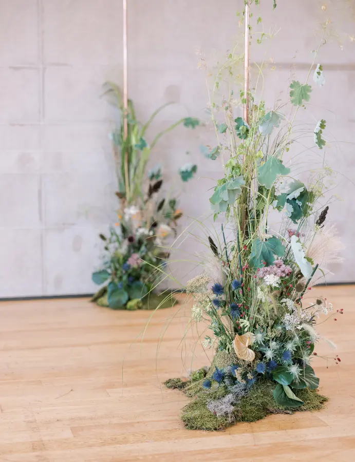 Michael & Sam wedding florals at Clay at The Gardiner Museum by Mythology Floral Art, Toronto, photograph by Robin Sassi