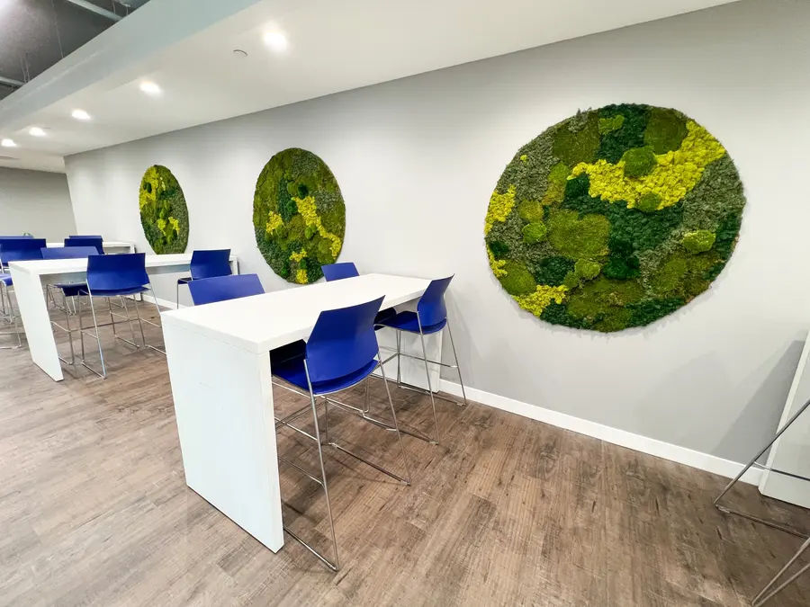 Preserved moss wall by Mythology Floral Art at 55 Standish Ct., Mississauga