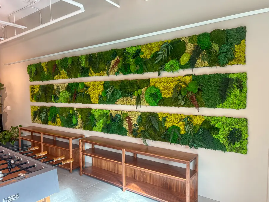 Preserved moss wall by Mythology Floral Art at 55 Standish Ct., Mississauga