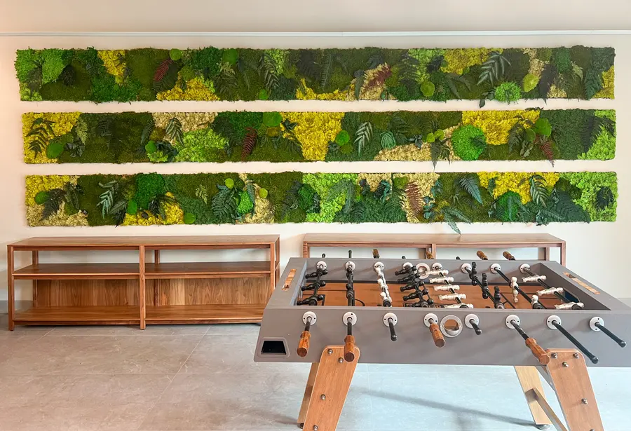 Preserved moss wall by Mythology Floral Art at 55 Standish Ct., Mississauga