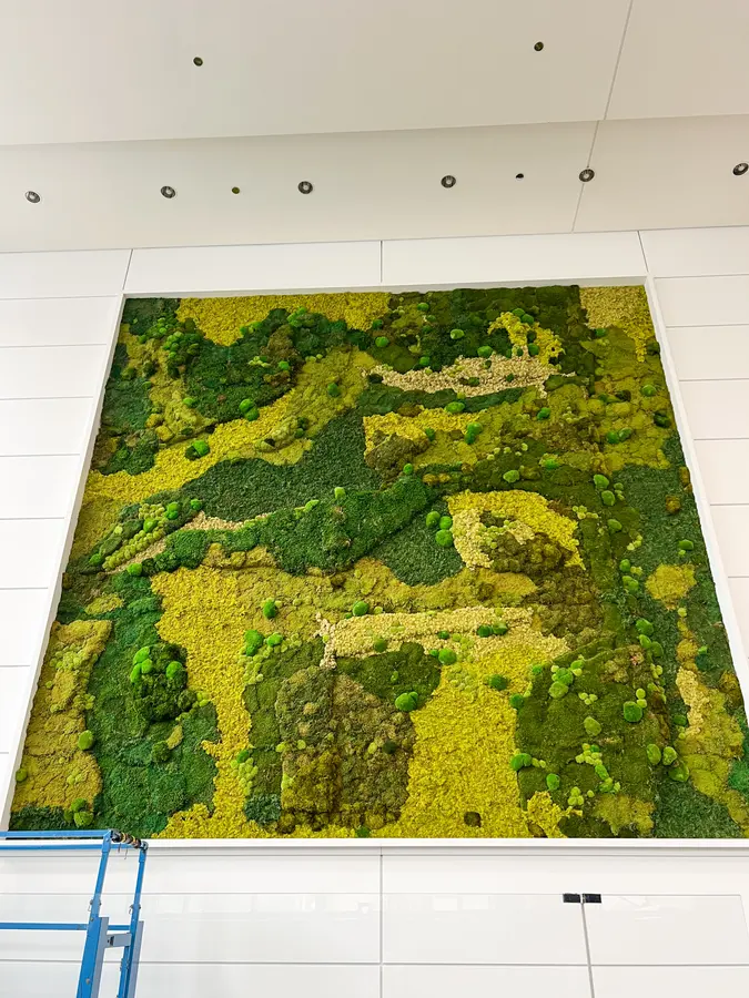 Preserved moss wall by Mythology Floral Art at 5000 Yonge St., Toronto